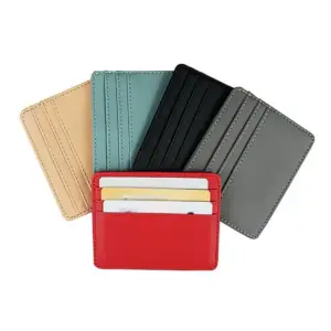 Fünf schlanke Kartenetuis in Beige, Mint, Schwarz, Grau und Rot fächerförmig angeordnet