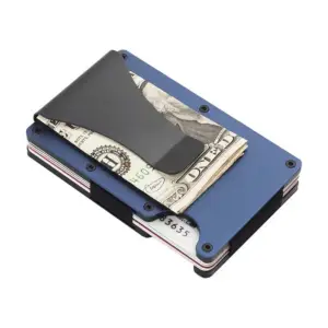 Blaues Kartenetui aus Aluminium mit Geldklammer und Geldschein