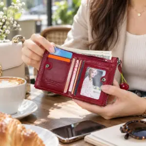 Rotes Damen-Portemonnaie aus Leder geöffnet in den Händen einer Frau am Cafétisch